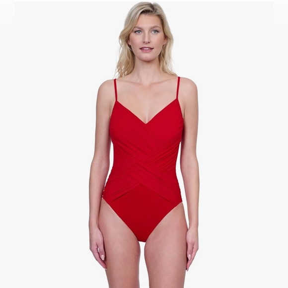 Gottex | Lattice V-Neck Criss Cross Ruched  One Piece Bathing Suit, Size 18 NWT - Picture 1 of 16